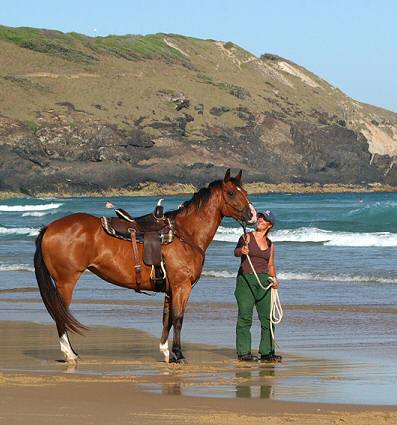 Zoe and her horse along the waves